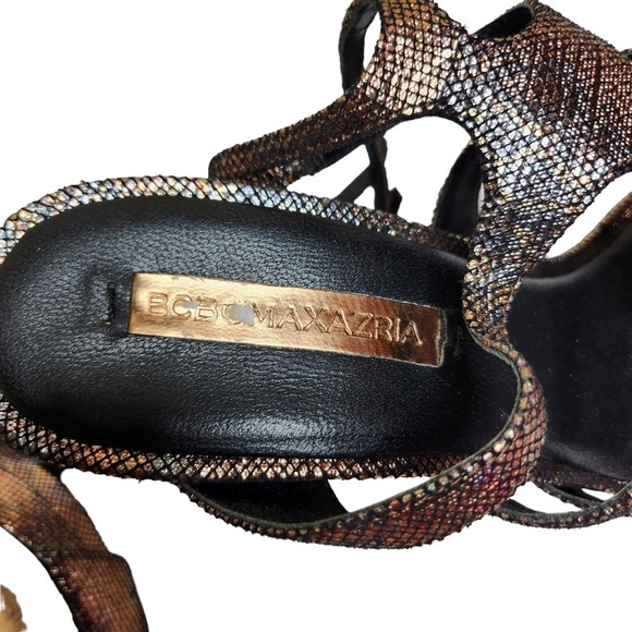 Bcbgmaxazria women's pewter gold metallic leather strappy open toe sandals 10 - Picture 8 of 11
